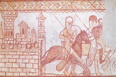 Abreise der Kreuzfahrer im Jahr 1163 von der syrischen Burg Krak des Chevaliers zur Schlacht von Bocquée